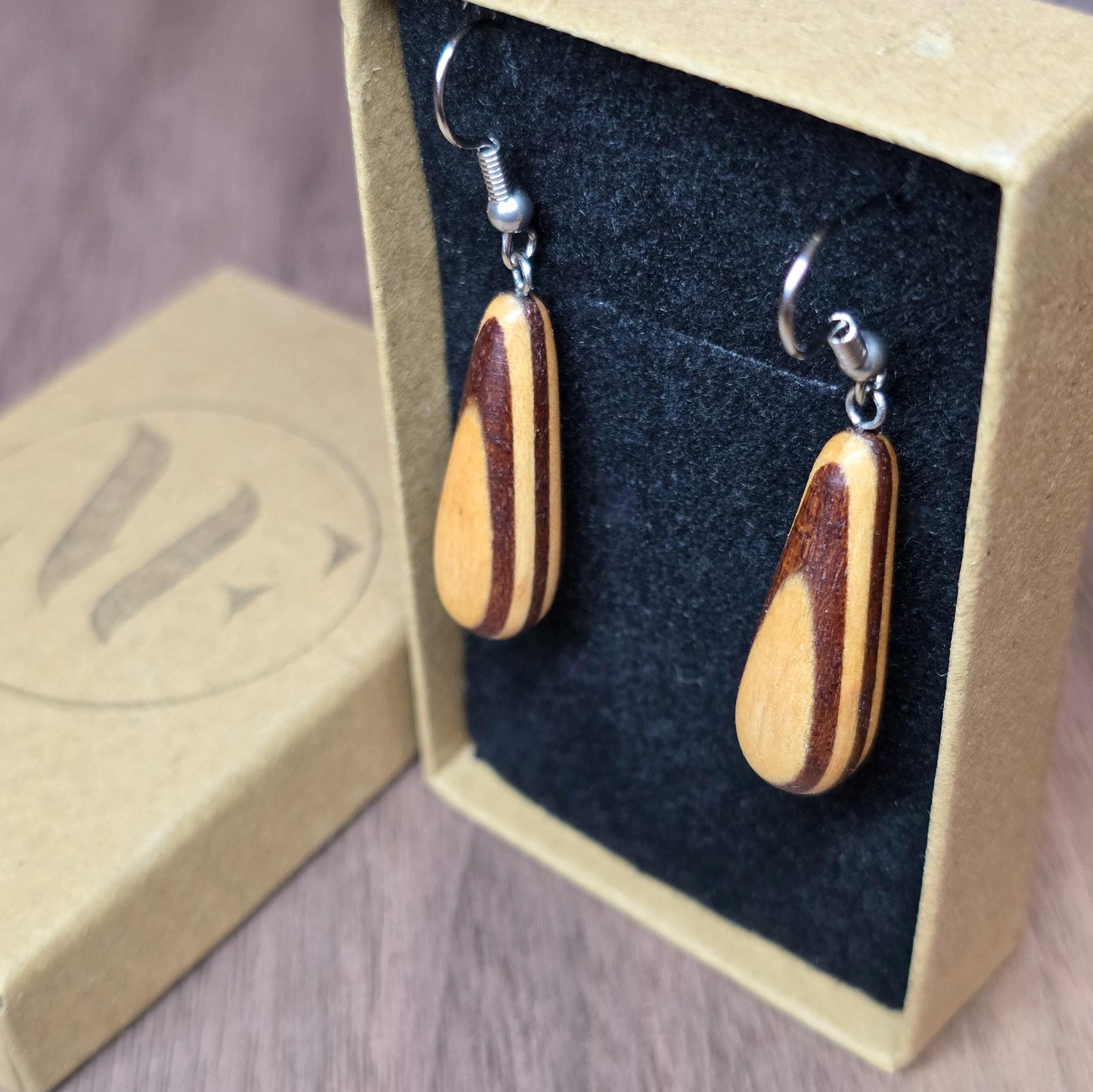 Striped wooden dangle drop earrings with surgical stainless steel hooks