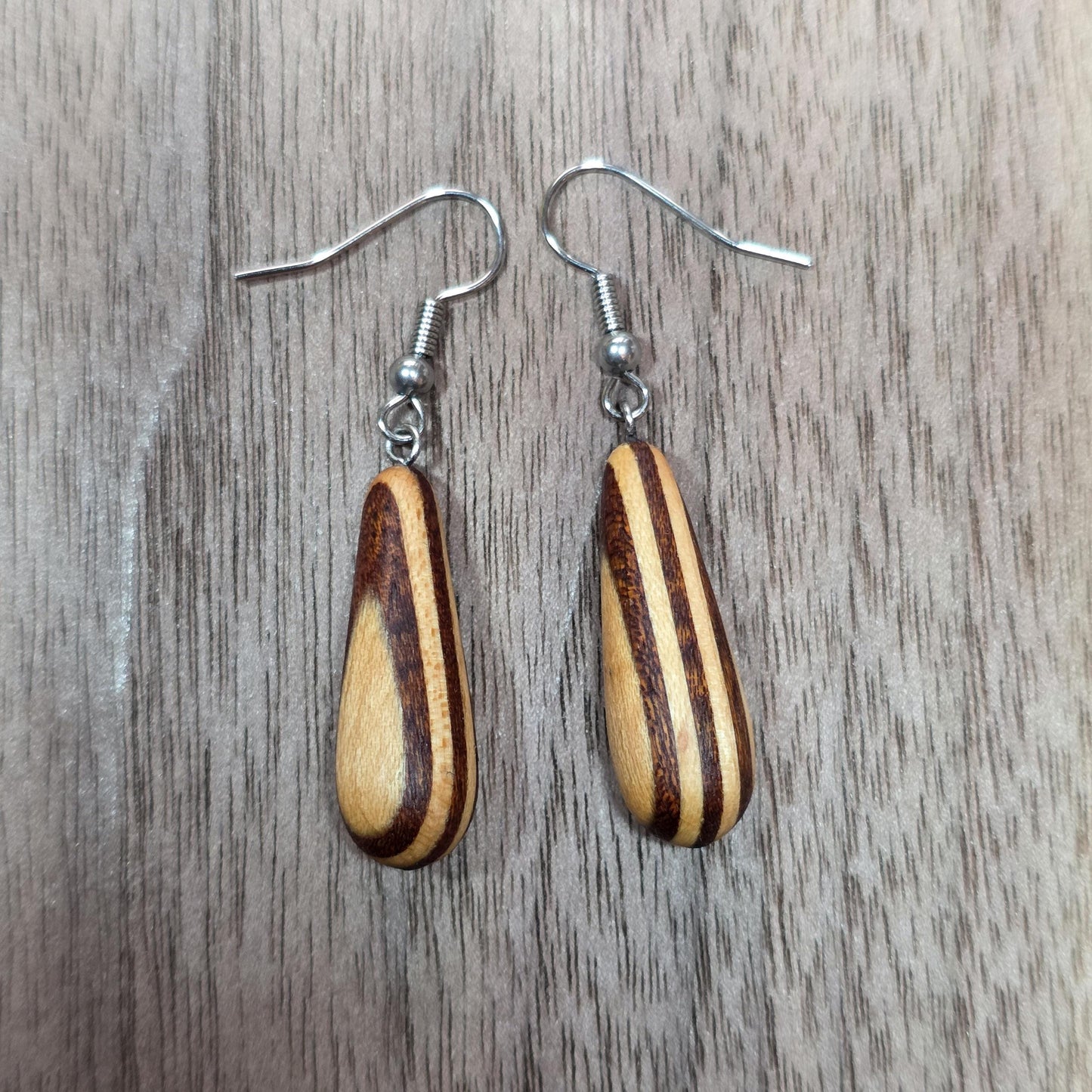 Striped wooden dangle drop earrings with surgical stainless steel hooks