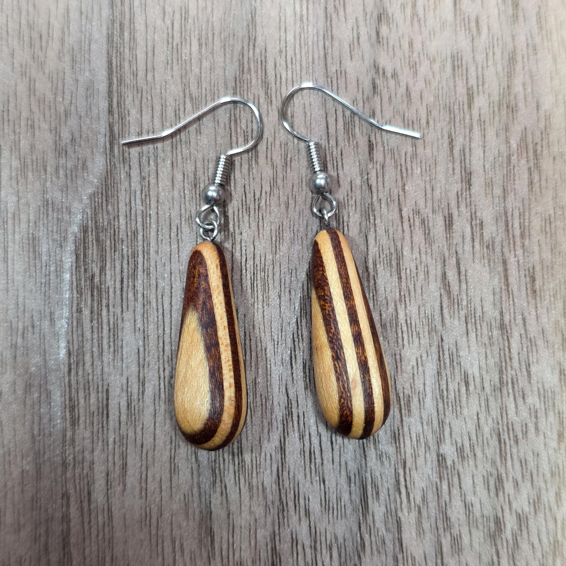 Striped wooden dangle drop earrings with surgical stainless steel hooks