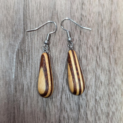 Striped wooden dangle drop earrings with surgical stainless steel hooks