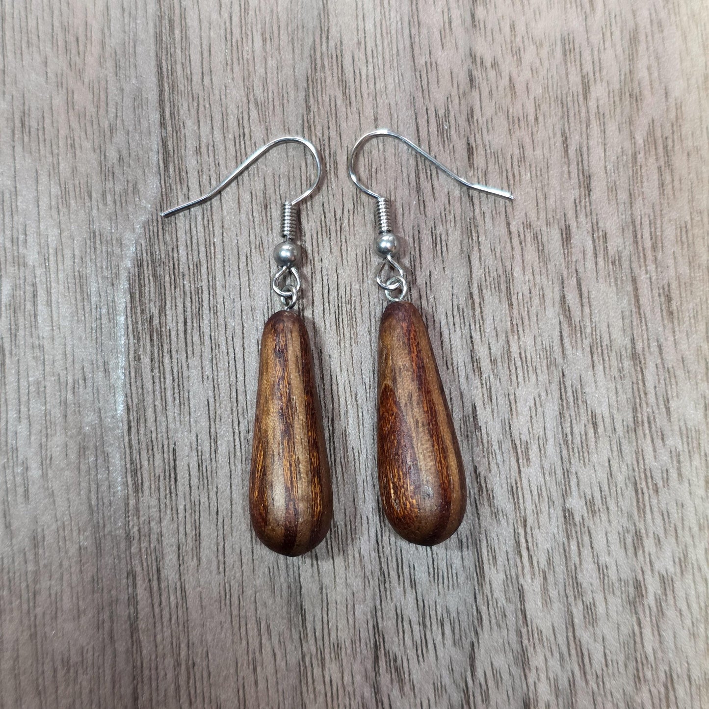 Striped wooden dangle drop earrings with surgical stainless steel hooks