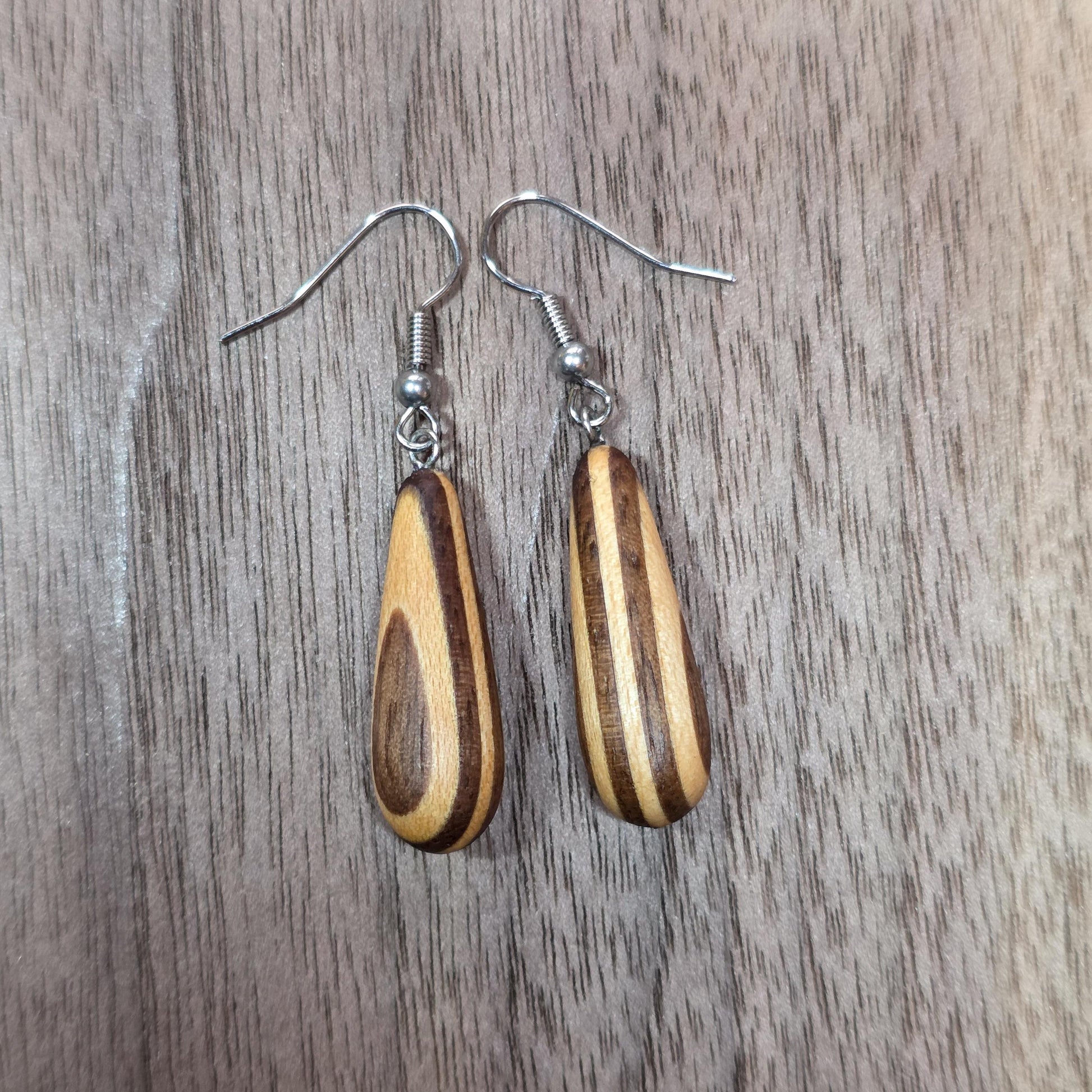 Striped wooden dangle drop earrings with surgical stainless steel hooks