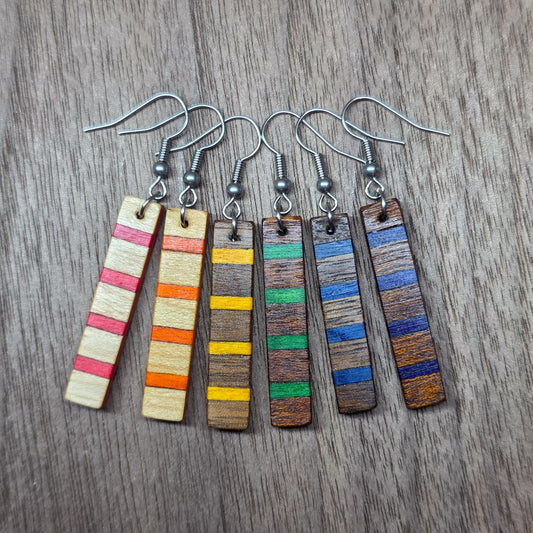 Striped wood & surgical stainless steel dangle drop earrings