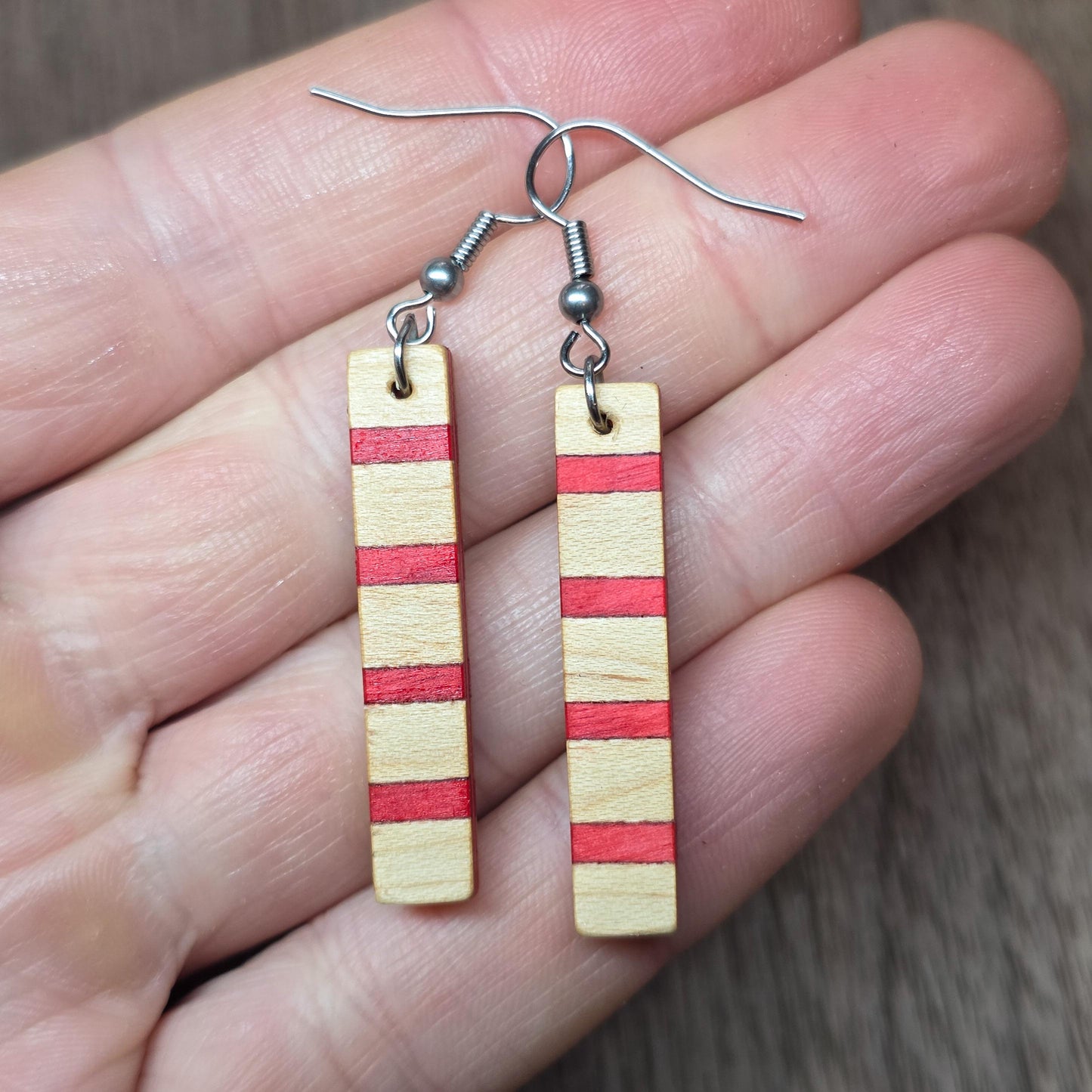 Striped wood & surgical stainless steel dangle drop earrings