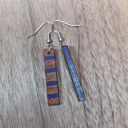 Striped wood & surgical stainless steel dangle drop earrings