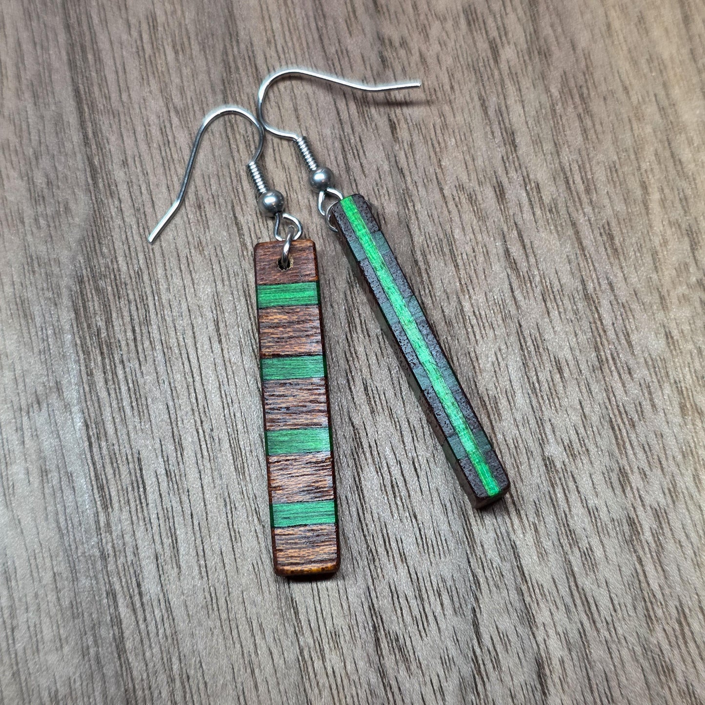Striped wood & surgical stainless steel dangle drop earrings