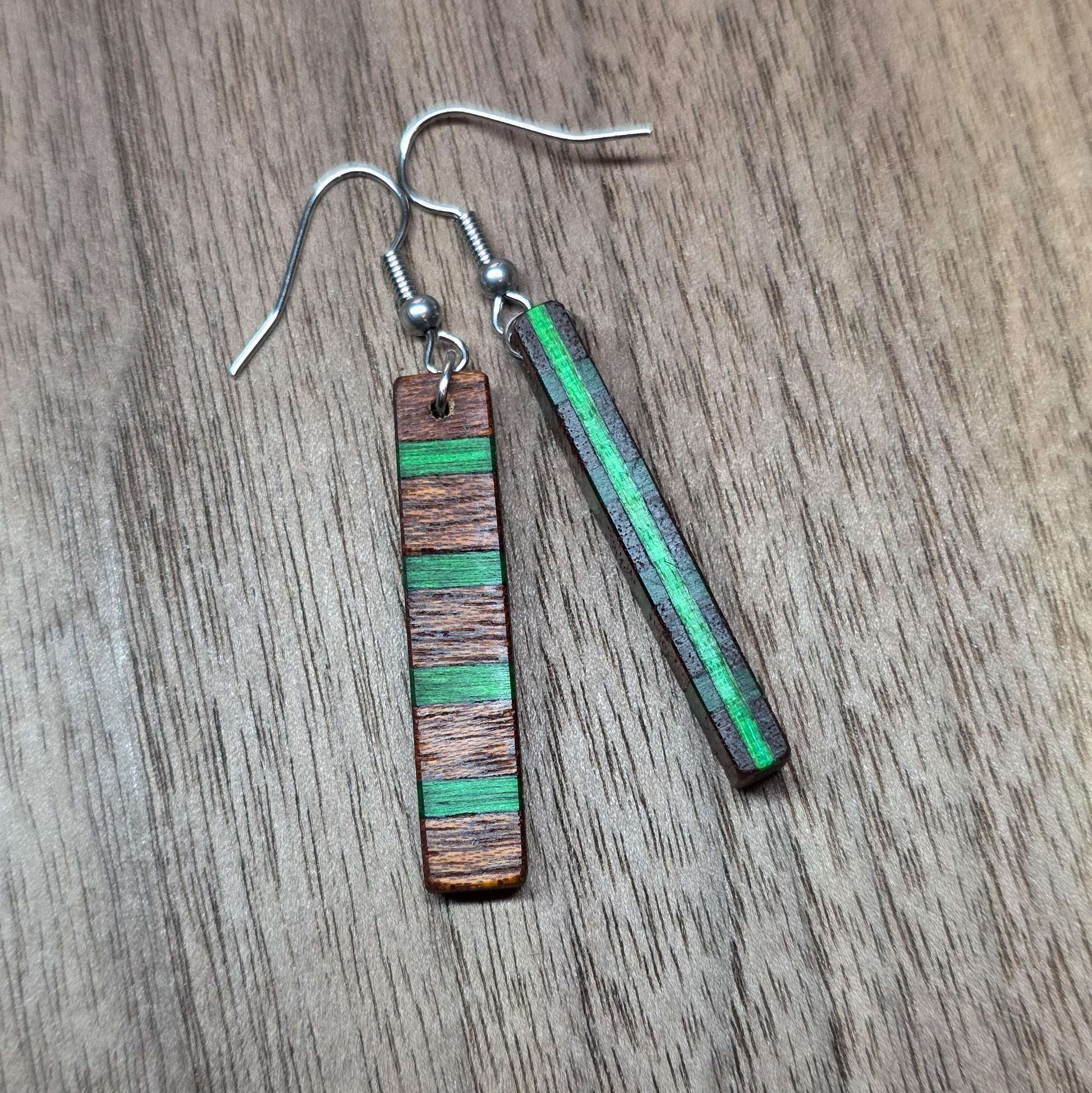 Striped wood & surgical stainless steel dangle drop earrings