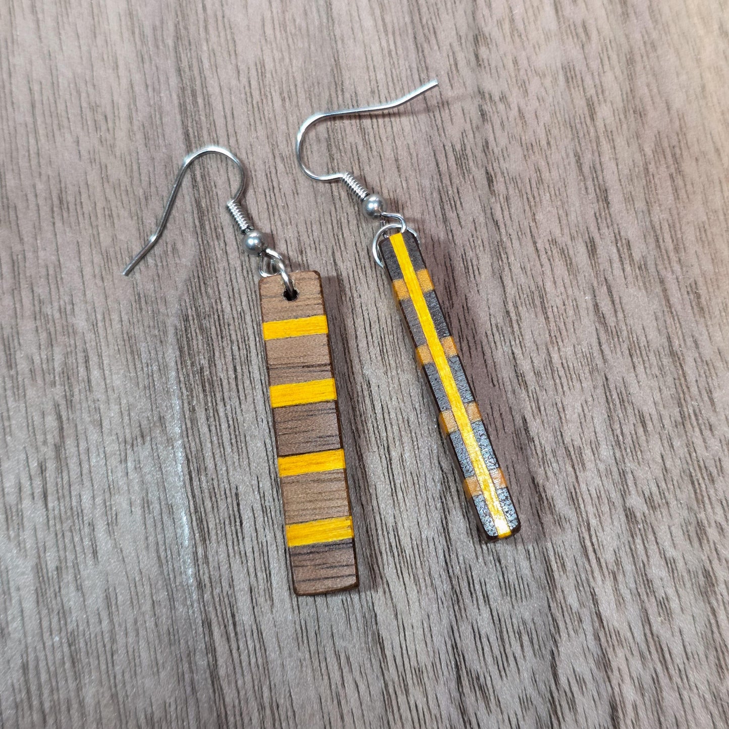 Striped wood & surgical stainless steel dangle drop earrings