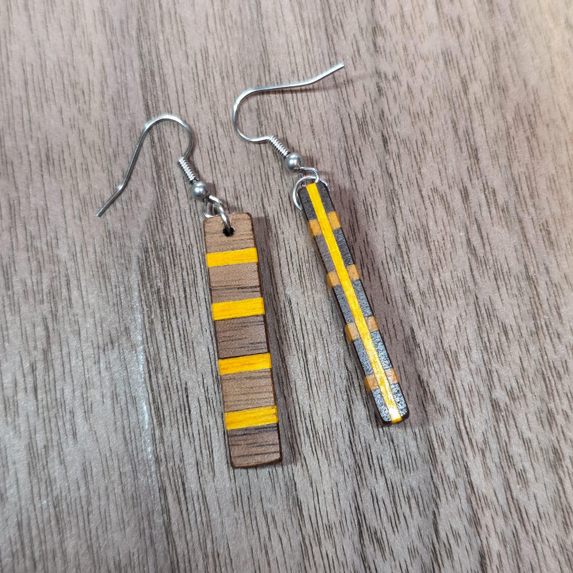 Striped wood & surgical stainless steel dangle drop earrings