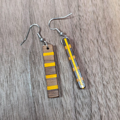 Striped wood & surgical stainless steel dangle drop earrings