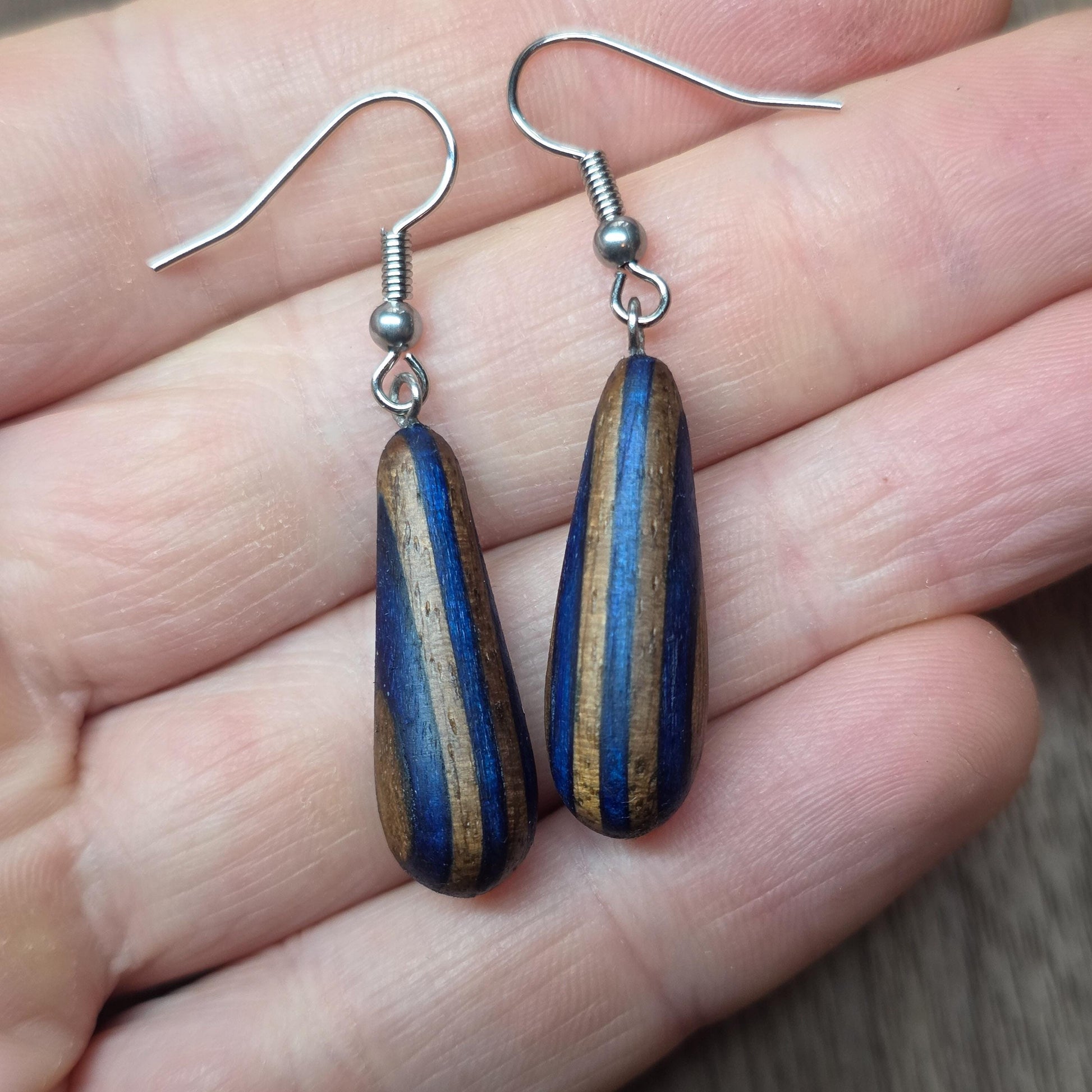 Rainbow striped wood & surgical stainless steel dangle drop earrings