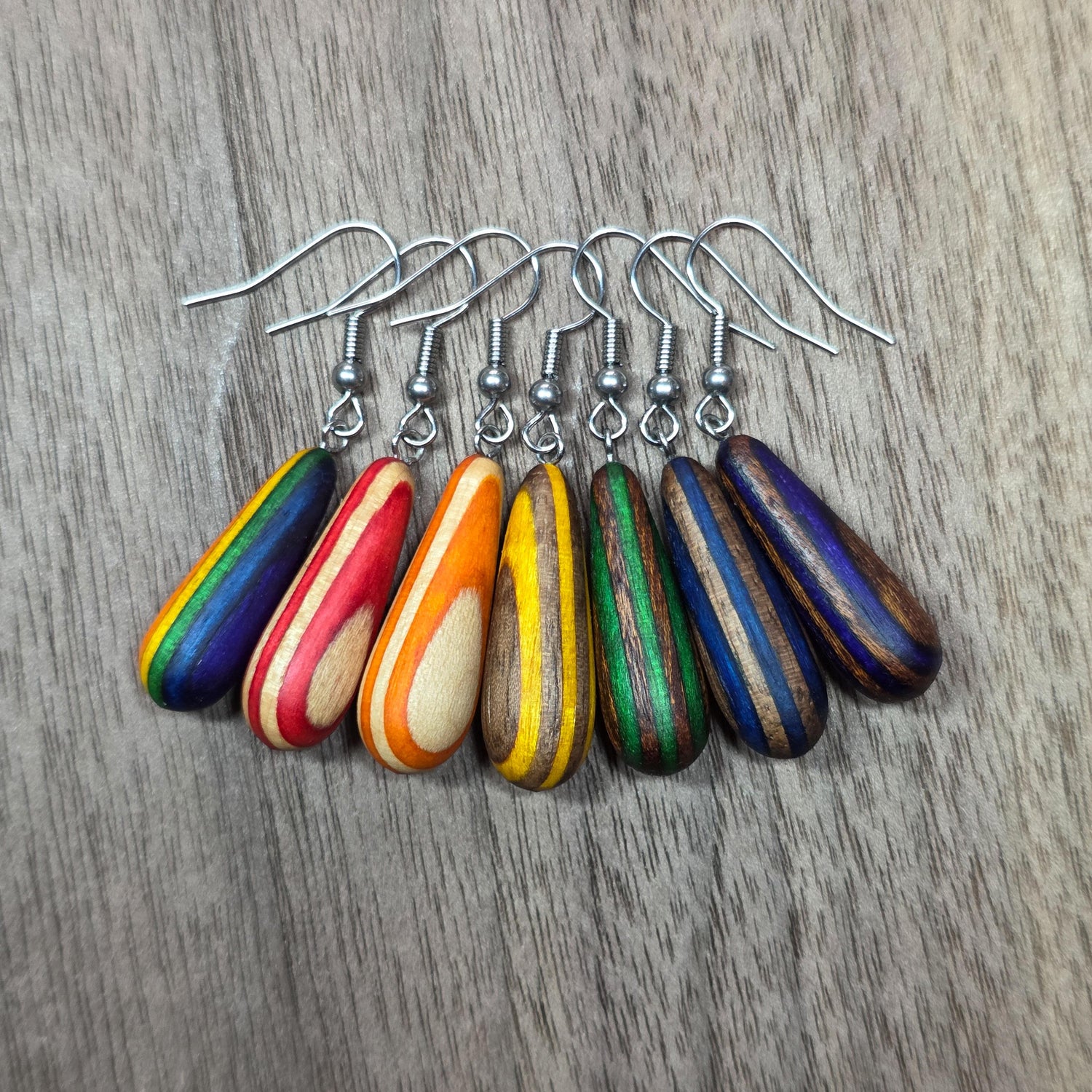 Rainbow striped wood & surgical stainless steel dangle drop earrings