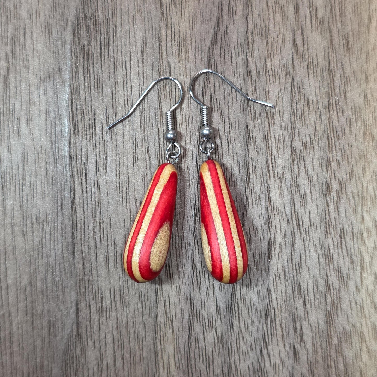 Rainbow striped wood & surgical stainless steel dangle drop earrings