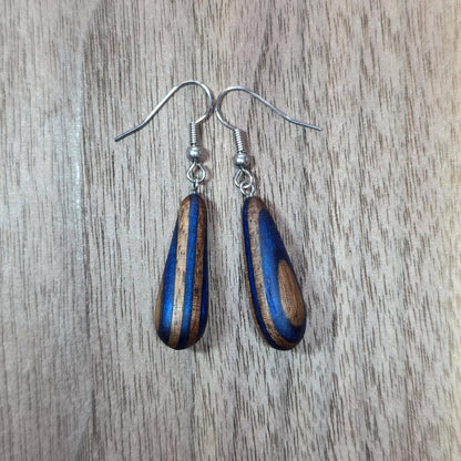 Rainbow striped wood & surgical stainless steel dangle drop earrings