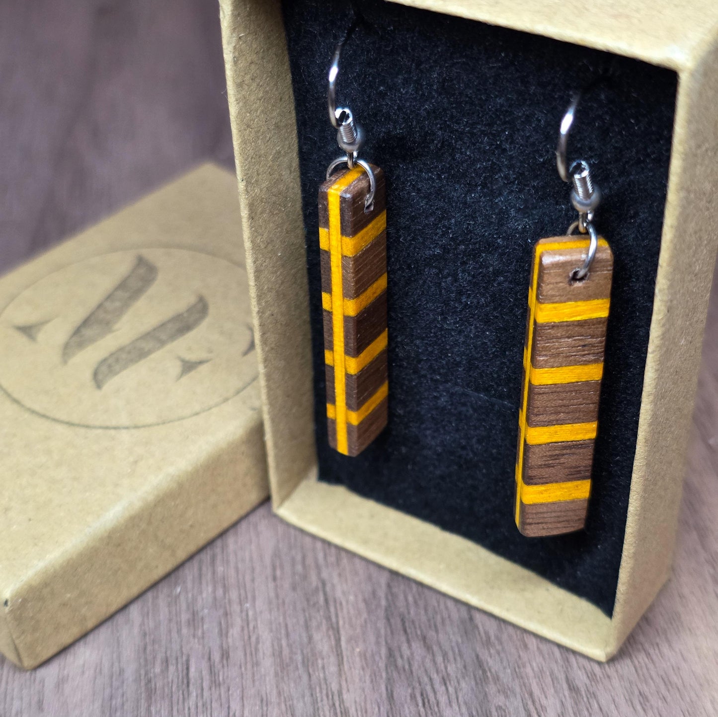 Striped wood & surgical stainless steel dangle drop earrings