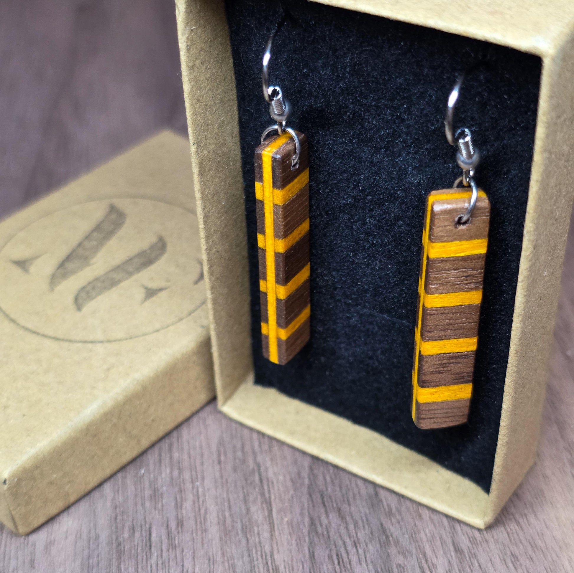 Striped wood & surgical stainless steel dangle drop earrings