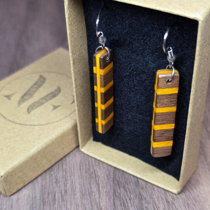 Striped wood & surgical stainless steel dangle drop earrings