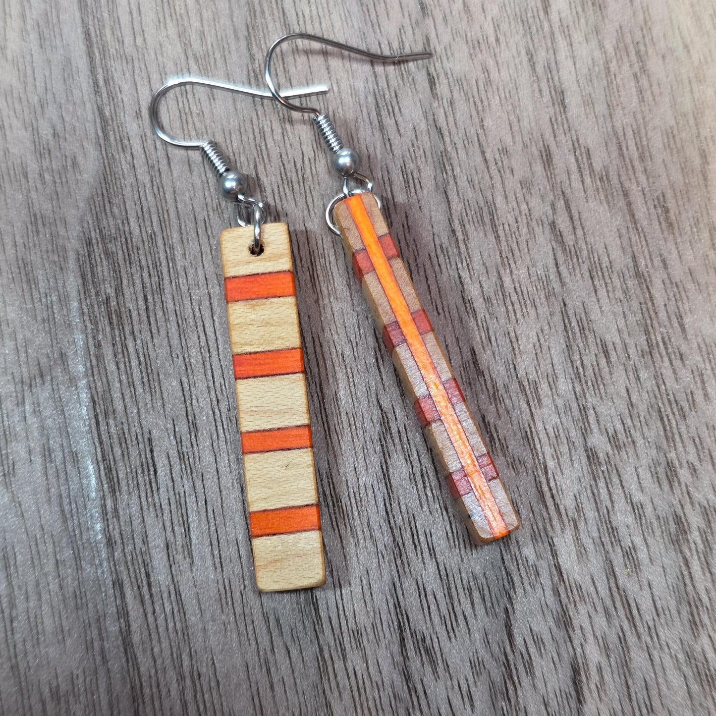 Striped wood & surgical stainless steel dangle drop earrings