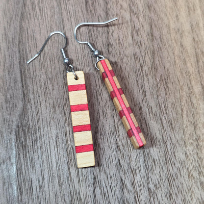 Striped wood & surgical stainless steel dangle drop earrings