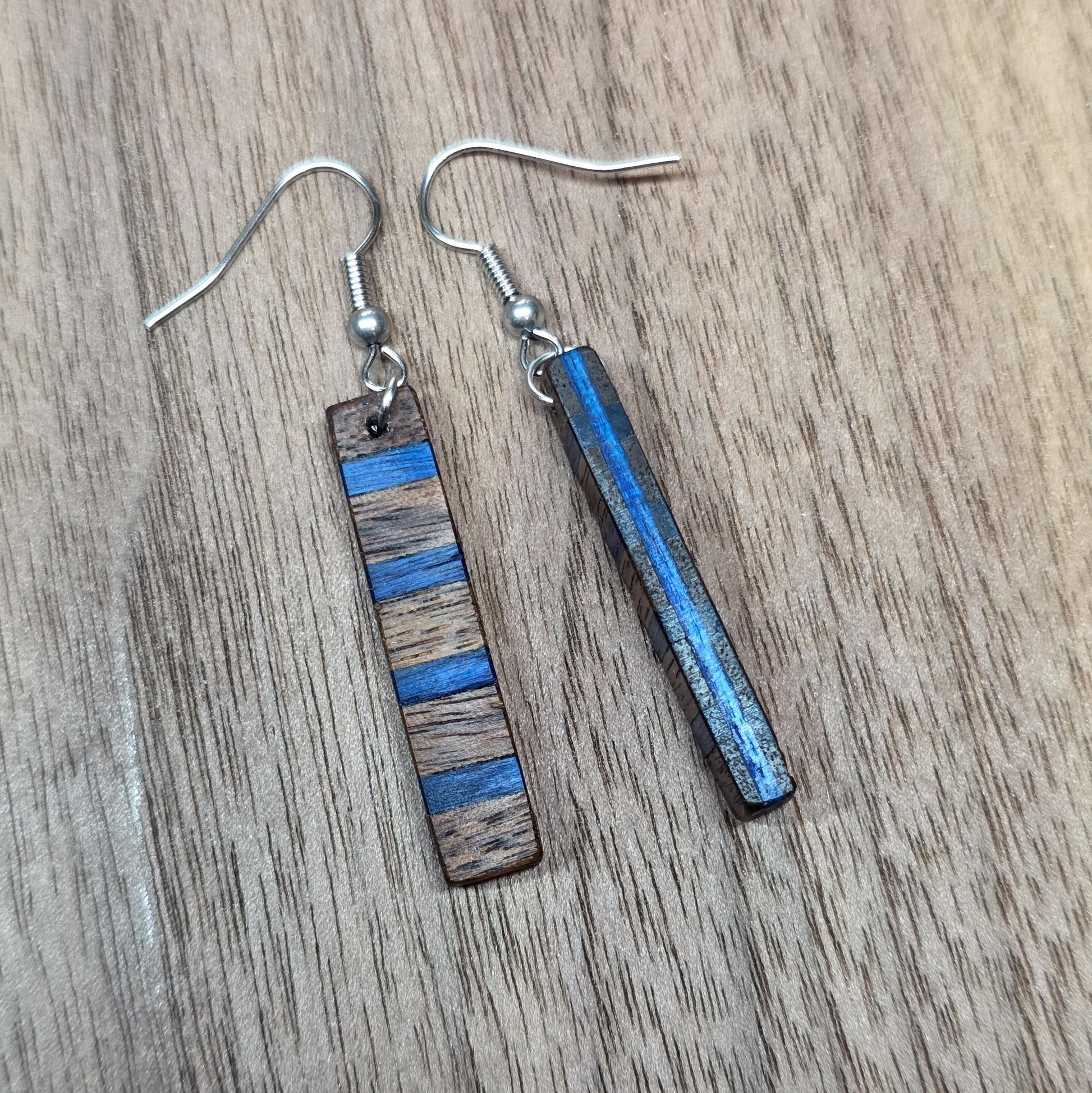 Striped wood & surgical stainless steel dangle drop earrings