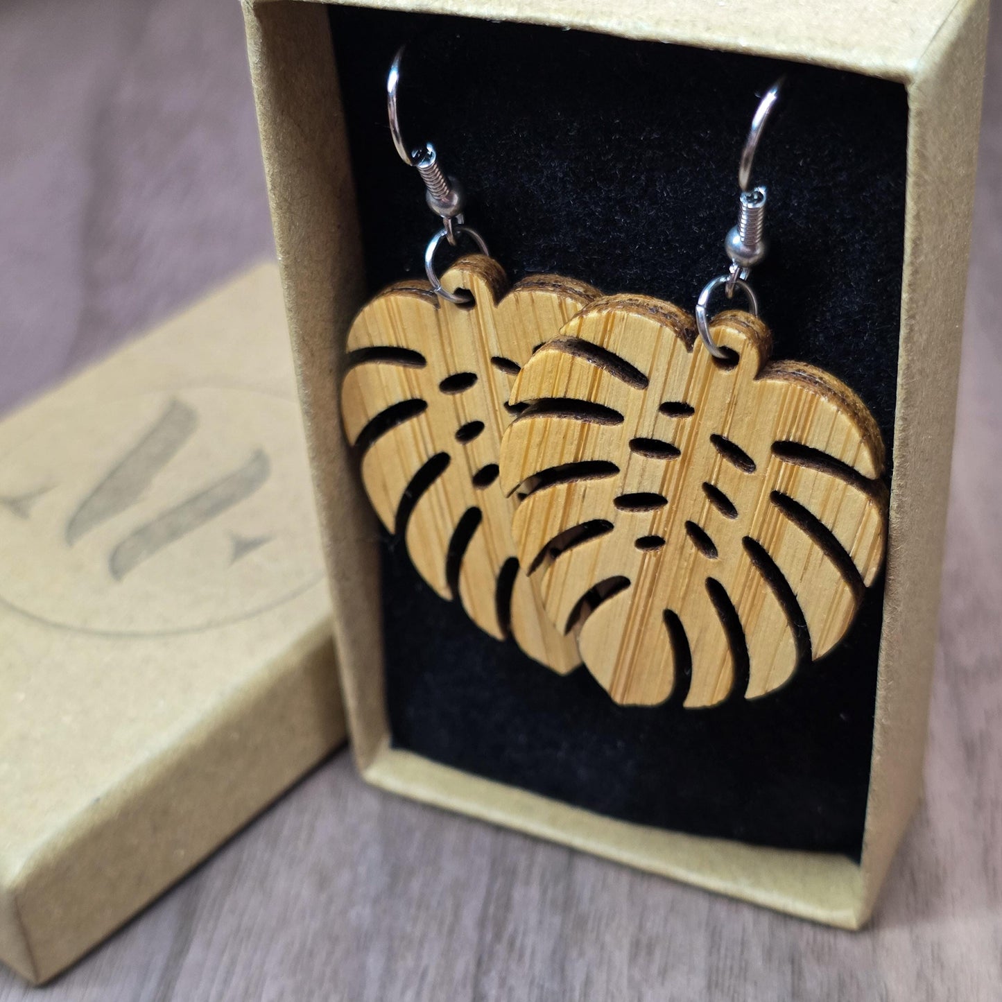 Bamboo monstera leaf and surgical stainless steel dangle / drop earrings - Wooden earrings - Natural earrings