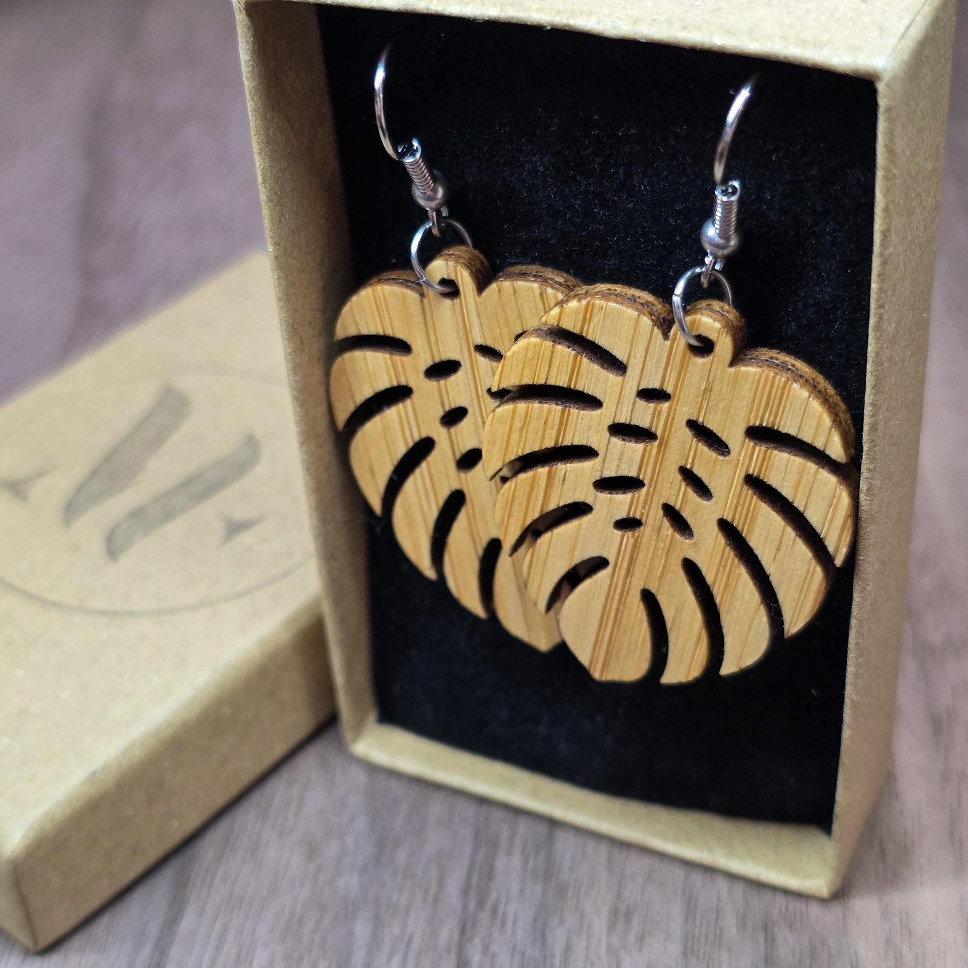 Bamboo monstera leaf and surgical stainless steel dangle / drop earrings - Wooden earrings - Natural earrings