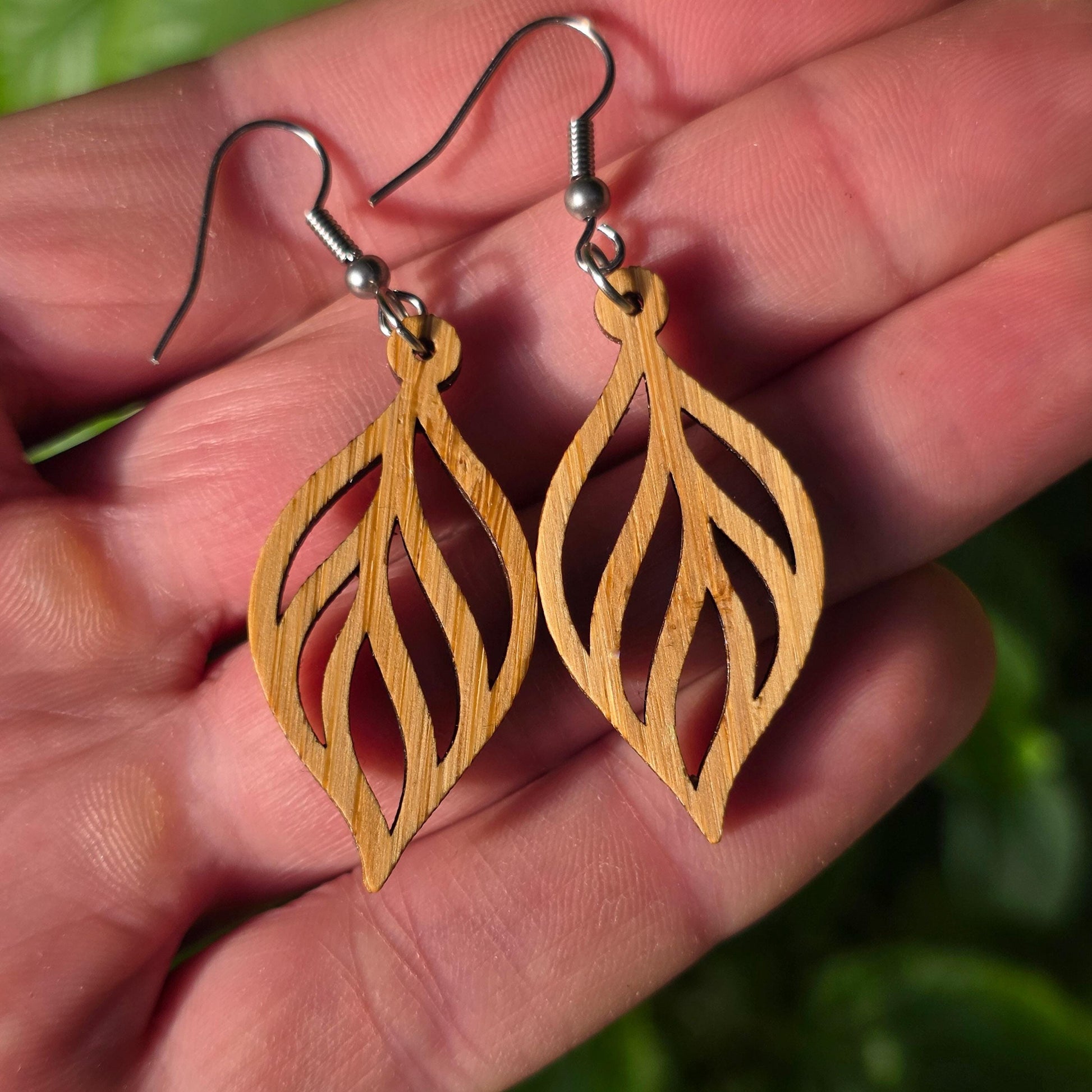 Bamboo boho leaf and surgical stainless steel dangle / drop earrings - Wooden earrings - Natural earrings