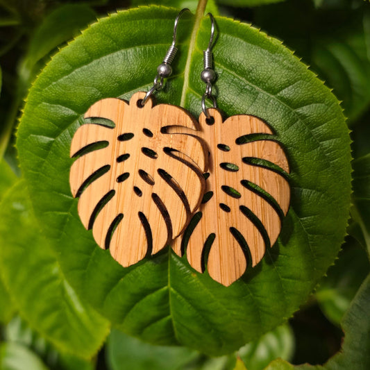 Bamboo monstera leaf and surgical stainless steel dangle / drop earrings - Wooden earrings - Natural earrings