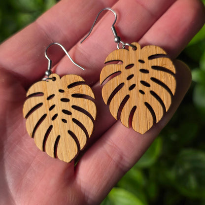 Bamboo monstera leaf and surgical stainless steel dangle / drop earrings - Wooden earrings - Natural earrings