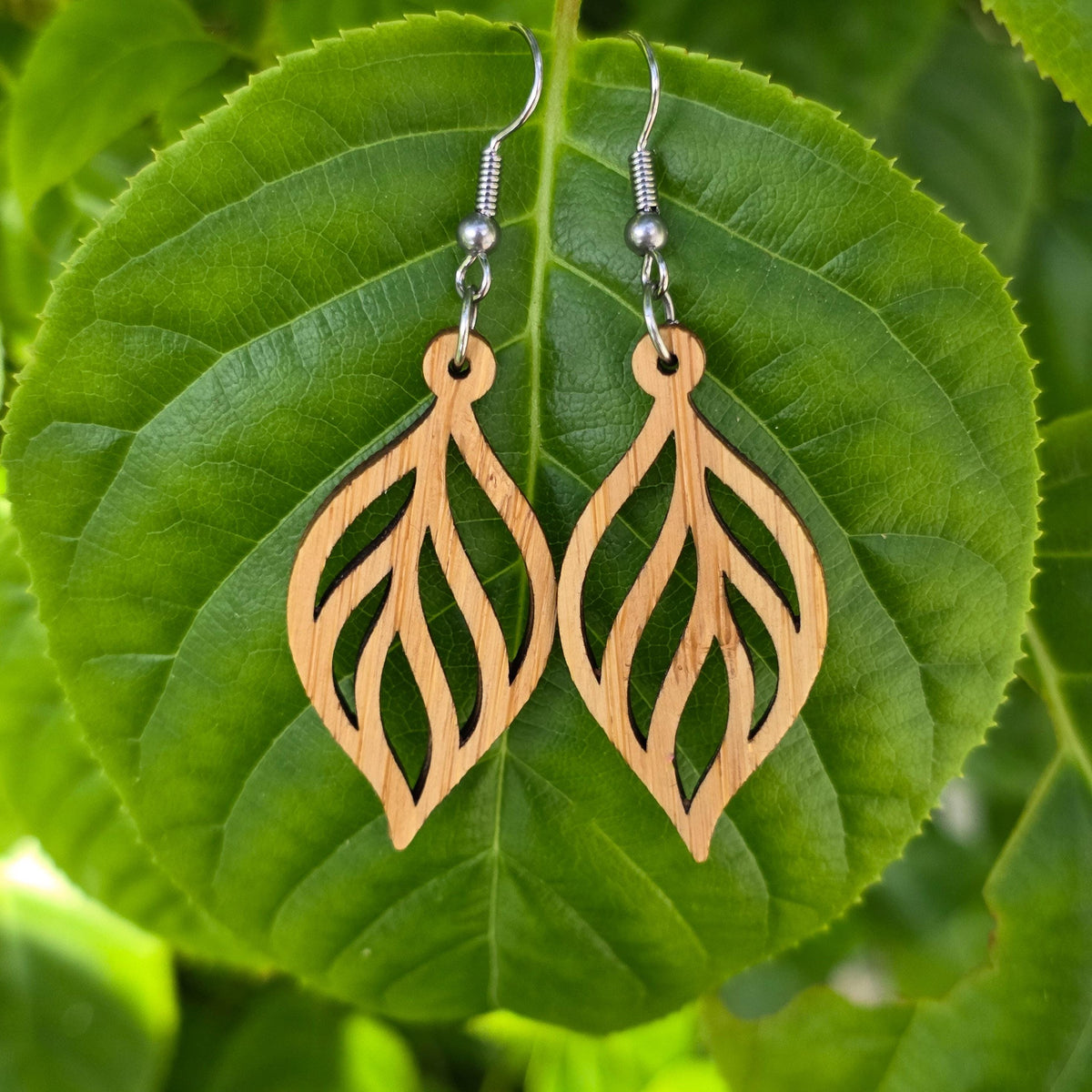 Bamboo boho leaf and surgical stainless steel dangle / drop earrings - Wooden earrings - Natural earrings