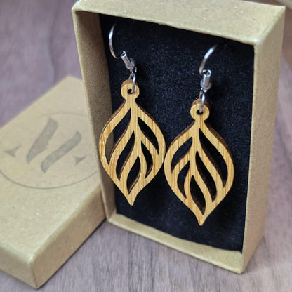 Bamboo boho leaf and surgical stainless steel dangle / drop earrings - Wooden earrings - Natural earrings